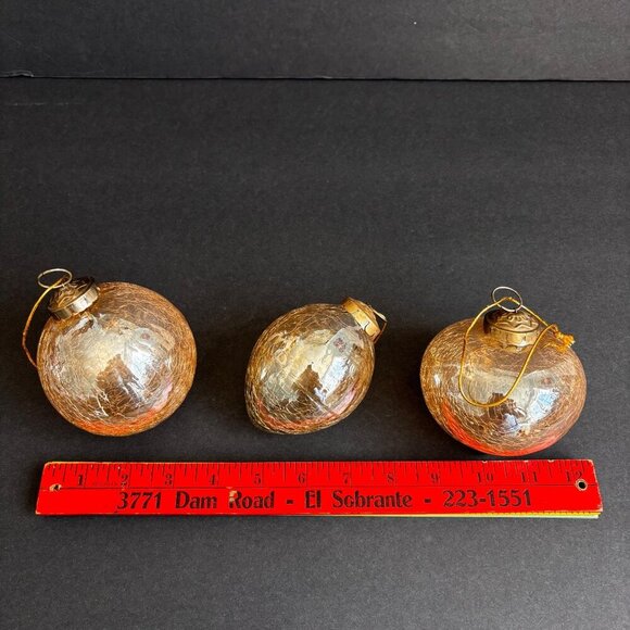 Kugel Style Christmas Ornaments Gold Glass Set Of 3 Crackle Large Vintage Heavy - Picture 3 of 8